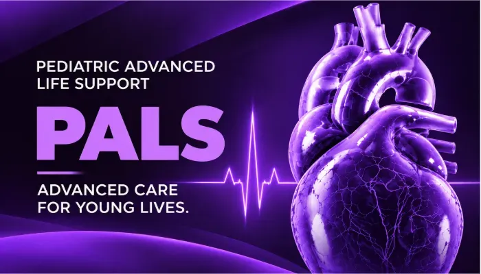 CPR Cart PALS course artwork with a purple anatomical heart
