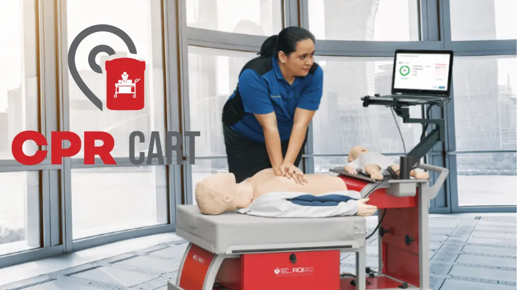 A student practicing chest compressions at a CPR Cart automated skills station